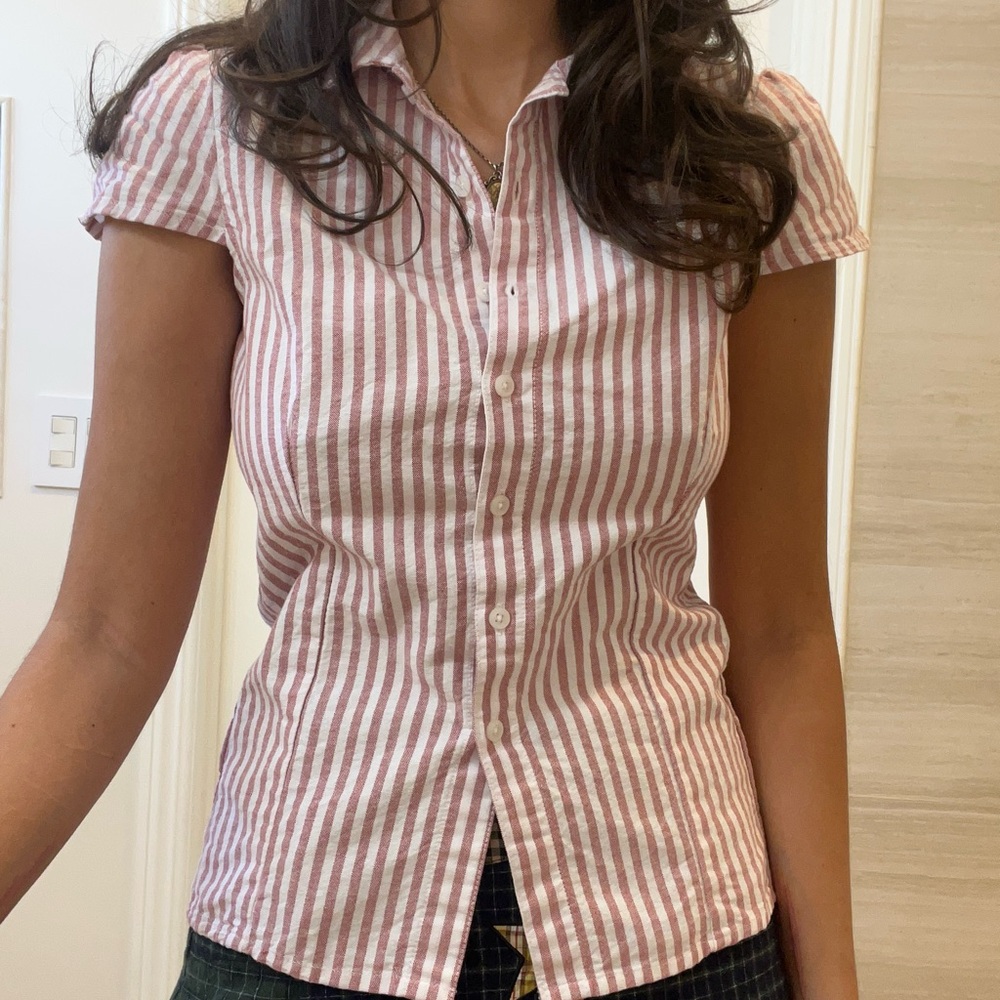 Brandy Melville Red Striped Button-Up Shirt w/ Cap Sleeves